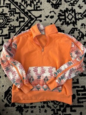 BKE Orange Half-Zip Pullover with Aztec-Patterned Sleeves